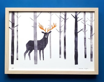 Poster on paper for wall decoration, limited series Animals of the woods: the deer