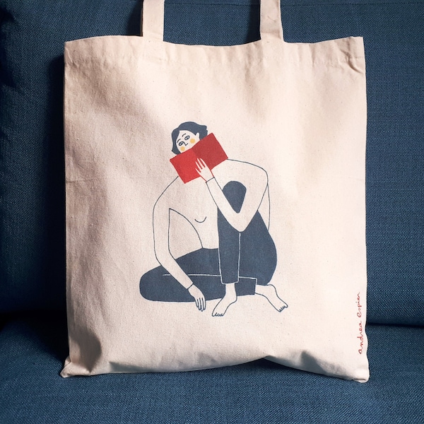 Sac en coton tote bag illustré Femme et livre