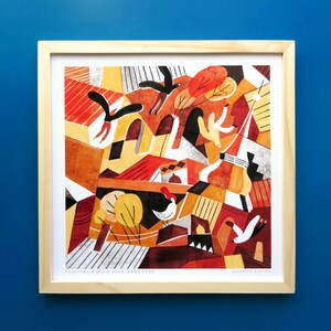 Illustration on paper for wall decoration, Birdmen and city