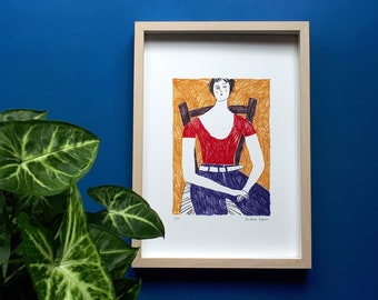 Illustration on paper for wall decoration, limited edition Young woman sitting
