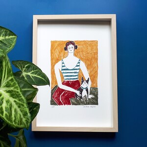 Illustration on paper for wall decoration, limited series Young woman and dog