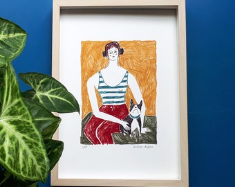 Illustration on paper for wall decoration, limited series Young woman and dog