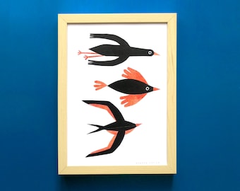 Poster on paper for collage wall decoration, Three birds