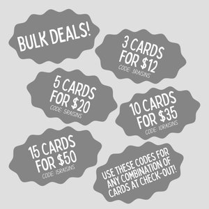 May include: Image showing gray cloud-shaped graphics advertising bulk card deals. Offers include 3 cards for &pound;12, 5 cards for &pound;20, 10 cards for &pound;35, and 15 cards for &pound;50. The text encourages using codes at checkout.