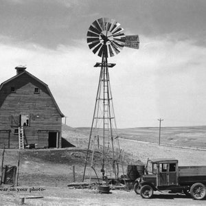 5x7 1936 Dust Bowl PHOTO Great Depression Farm Barn Tractor North Dakota,Truck Wagon Windmill