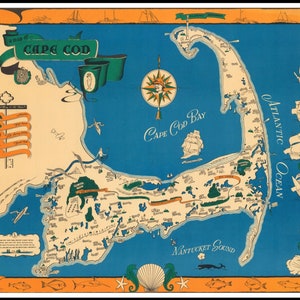 16x20 Cape Cod MAP PHOTO POSTER 1940 Art Deco Beach Ocean Island Print