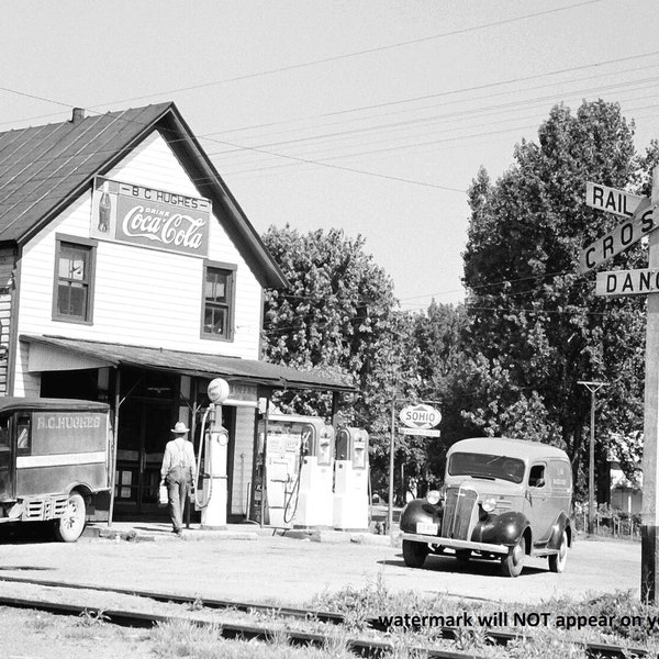 5x7 1939 Gas Station General Store PHOTO Vintage SOHIO Gas Pumps Great Depression Country Store Atlanta, Ohio