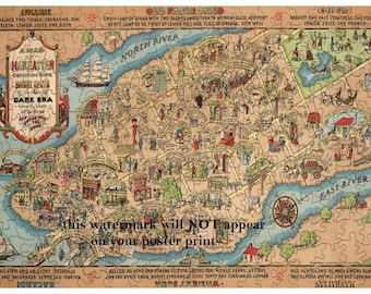 May include: A vintage illustrated map of Manhattan, New York City, with a detailed depiction of the city's streets, landmarks, and businesses. The map is surrounded by a decorative border with text describing various cocktails and their ingredients. The text includes "A Map of Manhattan Depicting Some of the Dark Era" and "Old Fashioned".