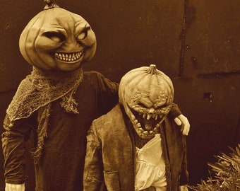 4x6 Vintage Creepy Children Halloween PHOTO Pumpkin Costume Freak Scary Kids Halloween Mask Wearing