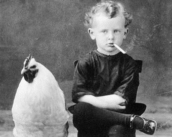 4x6 Vintage Freak Child Smoking & Giant Chicken PHOTO Creepy Crazy Cigarette Boy Wall Decor Weird Stuff