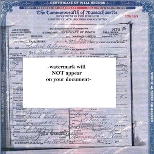 1927 Lizzie Borden CERTIFICADO DE MORTE Documento de pesquisa histórica, 1927 Fall River, Massachusetts, suspeito famoso julgamento