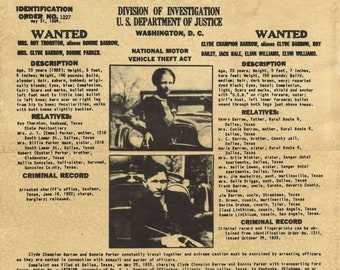12x12 Bonnie & Clyde FBI Wanted Poster PHOTO Arrest Record Mug Shot 1934 Prohibition Gangsters