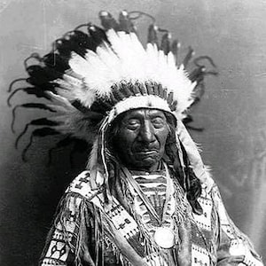 Puede incluir: Un retrato en blanco y negro de un hombre nativo americano que lleva un tocado tradicional con plumas. Lleva una camisa bordada y un collar con un gran colgante. Sostiene una pipa en su mano.