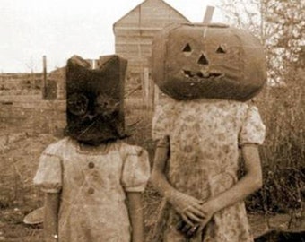 4x6 Vintage Creepy Children Halloween PHOTO Pumpkin Head/Owl Costume Freak Scary Kid