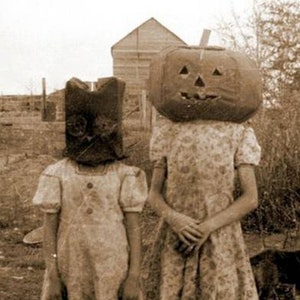 4 x 6 vintage griezelige kinderen Halloween FOTO pompoen hoofd/uil kostuum Freak Scary Kid