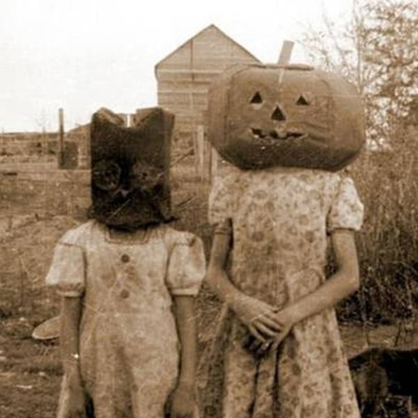 4x6 Vintage Creepy Children Halloween PHOTO Pumpkin Head/Owl Costume Freak Scary Kid