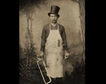 4x6 Creepy Butcher PHOTO Scary Meat Man Cleaver Knife Freaky Vintage Butcher Shop Pic Scary Man, Weird