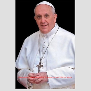 Può includere: Un ritratto ravvicinato di Papa Francesco che indossa una tonaca bianca con una collana a croce d'argento. Sta guardando la telecamera con un'espressione seria.