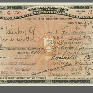 5x7 1922 Prohibition Liquor Prescription PHOTO Used Official Medicinal Whiskey License Bootleggers License Speakeasy Bar Decor