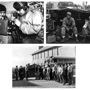 Op de afbeelding: Zwart-witfoto van drie verschillende scènes van soldaten in uniform. De eerste scène toont twee soldaten die aan een radio werken. De tweede scène toont twee soldaten die onder een tent zitten. De derde scène toont een groep soldaten die voor een gebouw staan.