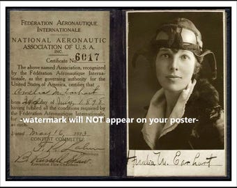 11x14 1923 Amelia Earhart Pilot's License Poster PHOTO,No Joke! Autograph / Signature Shown, Woman Airplane Pilot Aviation Pioneer