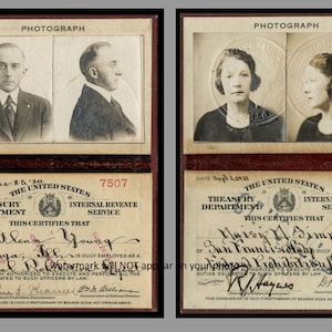 2 Foto Set von Prohibition Agent-Schnapsgläsern Fotos Whisky Agent IDs, jeweils 5x7 Zoll