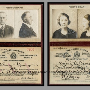 2 Foto Set von Prohibition Agent-Schnapsgläsern Fotos Whisky Agent IDs, jeweils 5x7 Zoll