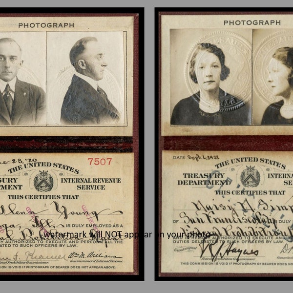 2 Foto Set von Prohibition Agent-Schnapsgläsern Fotos Whisky Agent IDs, jeweils 5x7 Zoll