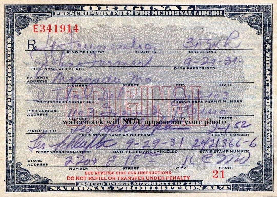 5x7 1931 Prohibition Liquor Prescription PHOTO Official Medicinal ...