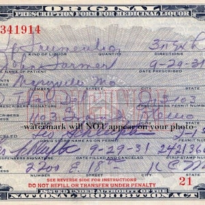 8x10 1931 Prohibition Liquor Prescription PHOTO Official Medicinal Whiskey Form License Bootleggers License Speakeasy Bar Decor