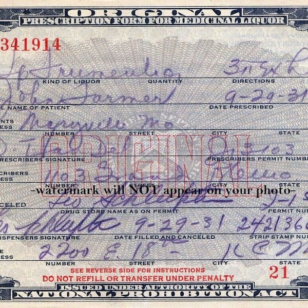 5x7 1931 Prohibition Liquor Prescription PHOTO Official Medicinal Whiskey Form License Bootleggers License Speakeasy Bar Decor