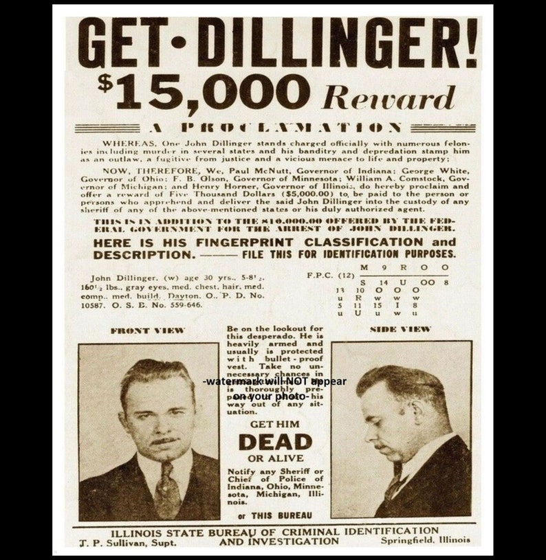 8x10 John Dillinger Wanted Poster PHOTO Gangster Prohibition | Etsy