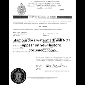 May include: A black and white document with the title "COPY OF RECORD OF BIRTH" and the text "famousdocs watermark will NOT appear on your historic document copy" in bold. The document is dated July 19, 1860 and December 5, 2007.