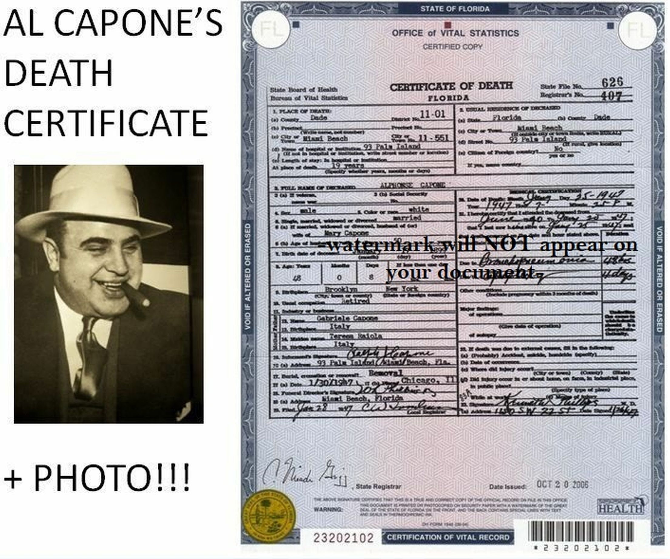 Al Capone Official DEATH CERTIFICATE Photo Chicago - Etsy UK