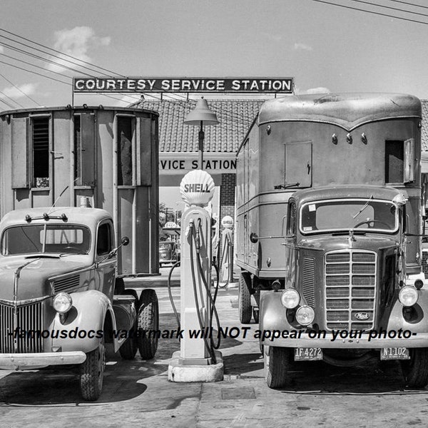 5x7 1939 Big Rigs at Gas Station PHOTO Truck Stop Pump Service Station Mack Ford Tractor Trailers Semi Trucks