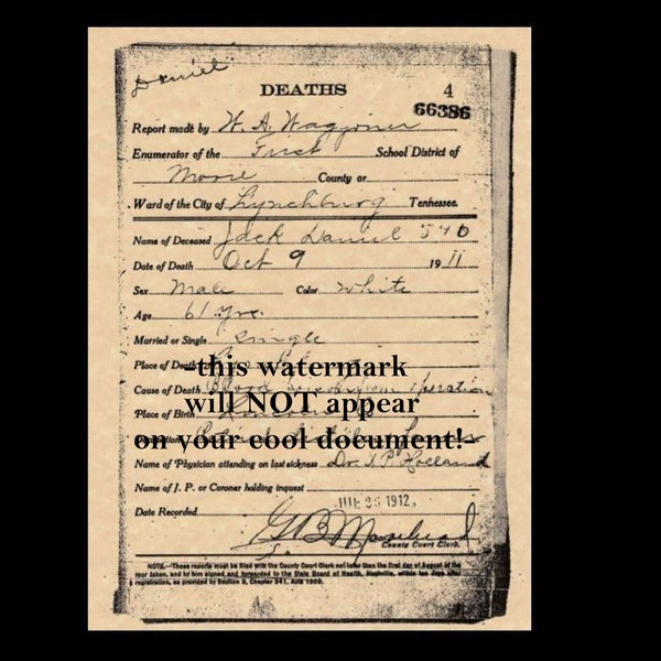 Jack Daniels 1911 DEATH CERTIFICATE Old No. 7 Whisky, Lynchburg, TN Brennerei Dokument, WandDeko Druck