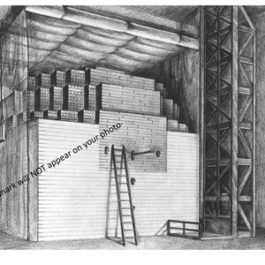May include: A black and white pencil drawing of a large industrial building with a ladder and a metal structure. The building is made of brick and has a large door. The drawing is in a realistic style.