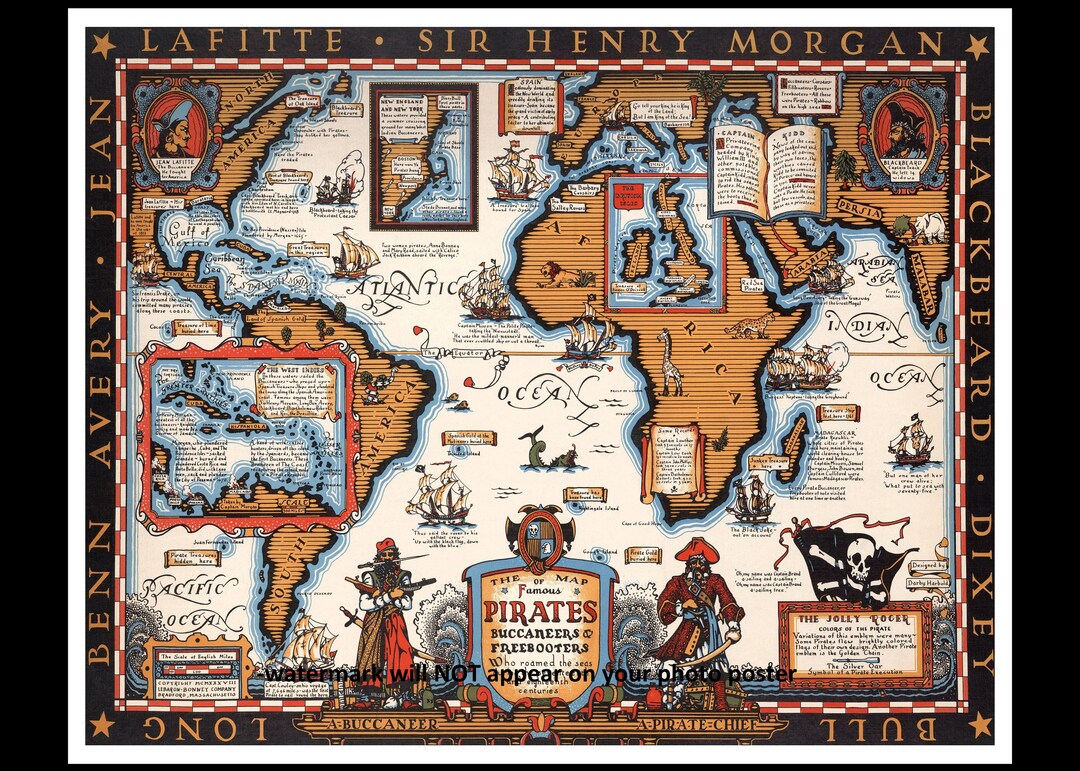 16x20 Pirates Map Poster PHOTO Blackbeard Ships Treasure World Pirates ...
