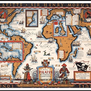 16x20 Pirates Map Poster PHOTO Blackbeard Ships Treasure World Pirates History Art Print Decor 1938