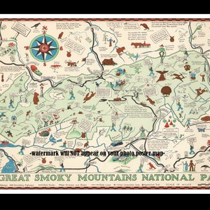 11x17 Great Smoky Mountains National Park Poster PHOTO Early Map 1939 Tennessee Gatlinburg North Carolina