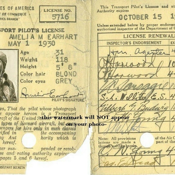 1930 Amelia Earhart Pilot's License PHOTO,No Joke! Autograph / Signature Shown Woman Airplane Pilot Girl Power Rights Aviation Pioneer
