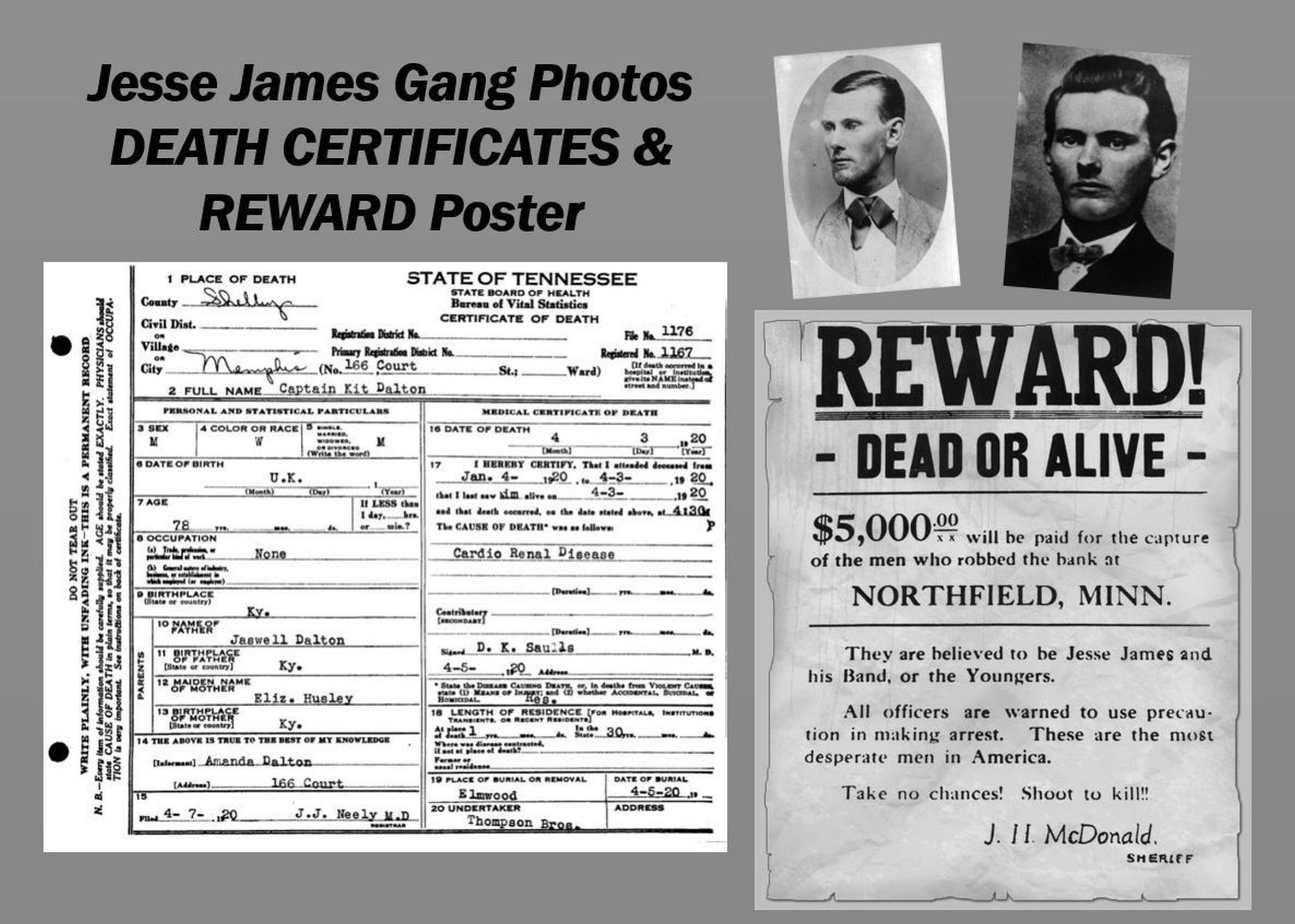 Jesse James PHOTOS + Gang Members 10 DEATH CERTIFICATES, Bank Robber Wild West Outlaw Gunfighter Civil War Raider