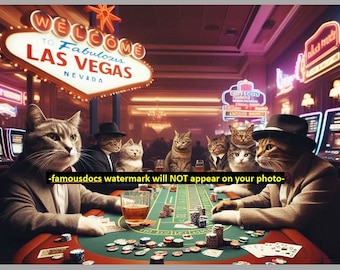5x7 Kitty Cat Casino PHOTO Poker Playing Cats Funny Crazy Cats Photo Las Vegas Blackjack Table Kitties Las Vegas Gambling!
