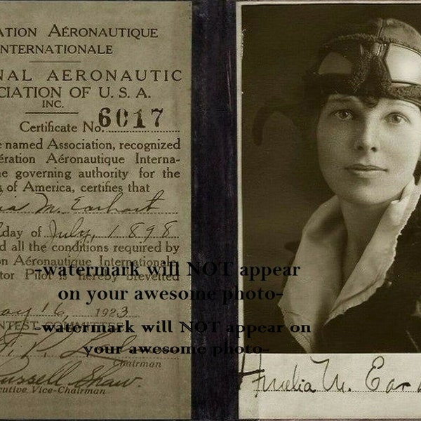 5x7 1923 Amelia Earhart Pilot's License PHOTO,No Joke! Autograph / Signature Shown Woman Airplane Pilot Girl Power Rights Aviation Pioneer