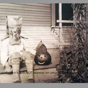 4x6 Vintage Creepy Children Halloween PHOTO Pumpkin Costume Freak Scary Kid Mask Jack o Lantern