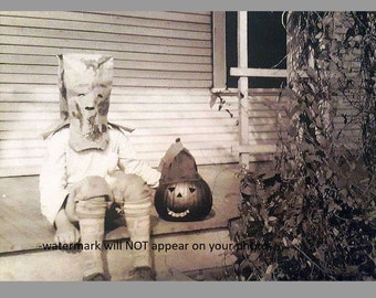 4x6 Vintage Creepy Children Halloween PHOTO Pumpkin Costume Freak Scary Kid Mask Jack o Lantern