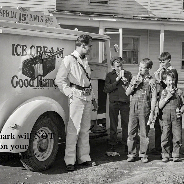 5x7 vintage Ice Cream Truck PHOTO Bonne Humeur Homme, Enfants Enfants, 1941 Virginia Creamery Bouteilles Jugs Bars Cones