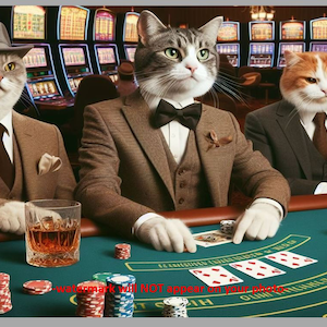 May include: Three cats dressed in suits and bow ties are playing cards at a green felt table in a casino. The cats are holding cards and chips, and there are glasses of whisky on the table. The background is a blurry image of slot machines.