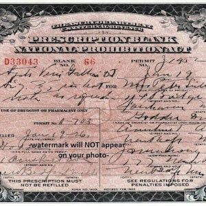 5x7 1926 Prohibition Liquor Prescription PHOTO Used Official Medicinal Whiskey License Massachusetts Bootleggers Speakeasy Bar Decor