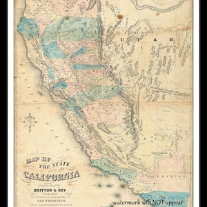 May include: An antique map of the state of California, published by Britton & Rey, Lithographers, San Francisco. The map shows the state's counties and major cities, as well as the surrounding states of Oregon, Utah, and Nevada. The map is printed in black and white with hand-colored details.